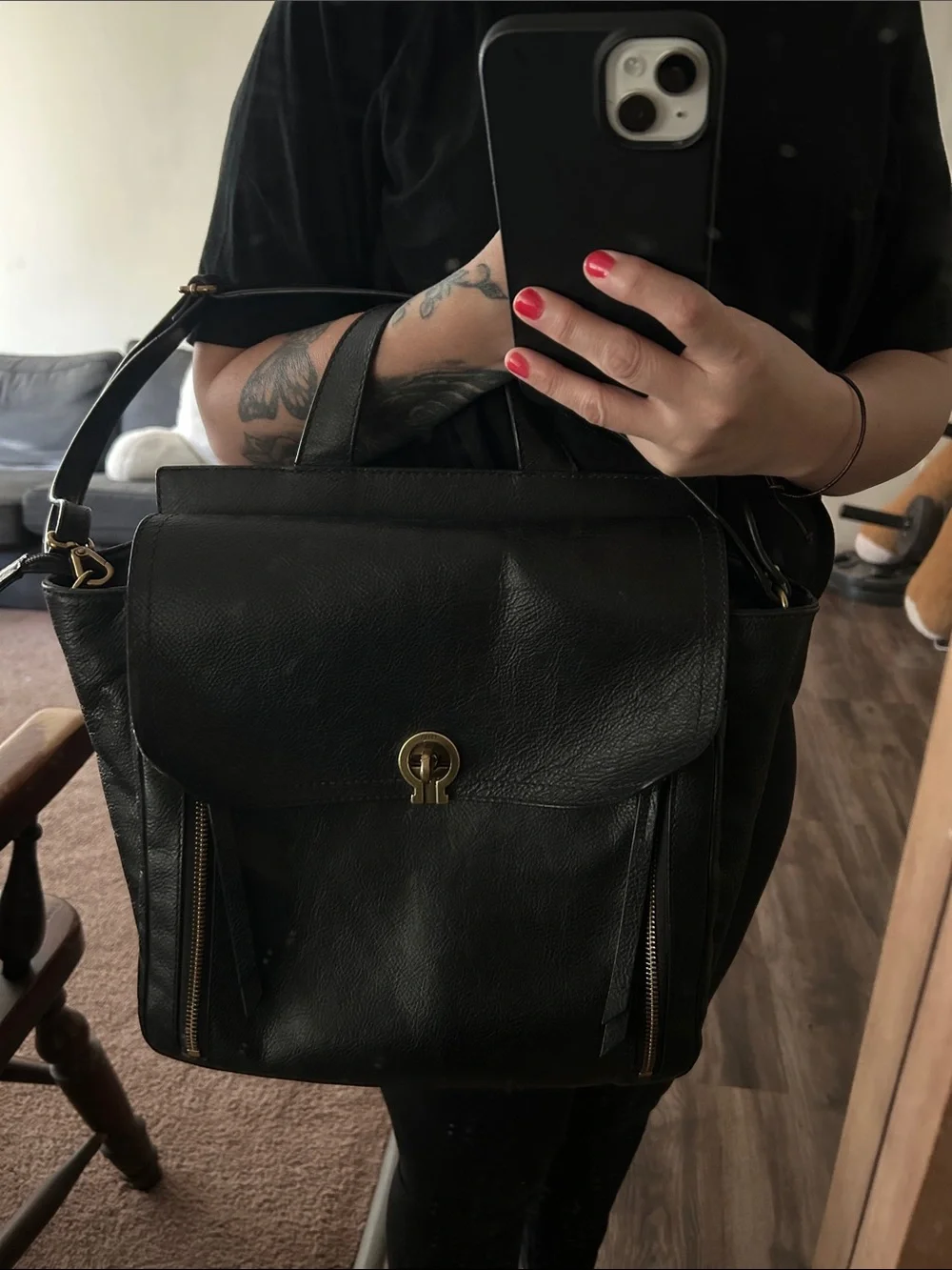 Fossil Black Leather Convertible Backpack Crossbody Bag with Gold Hardware